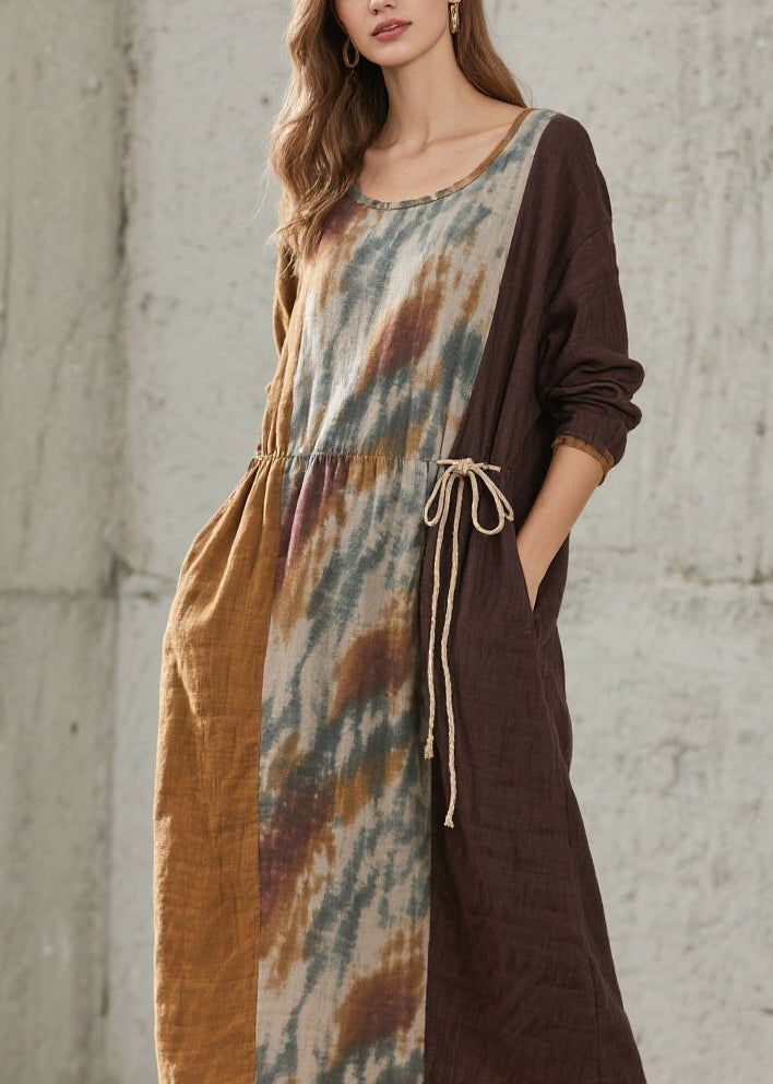 Women O Neck Print Lace Up Cotton Maxi Dresses Fall - View 2