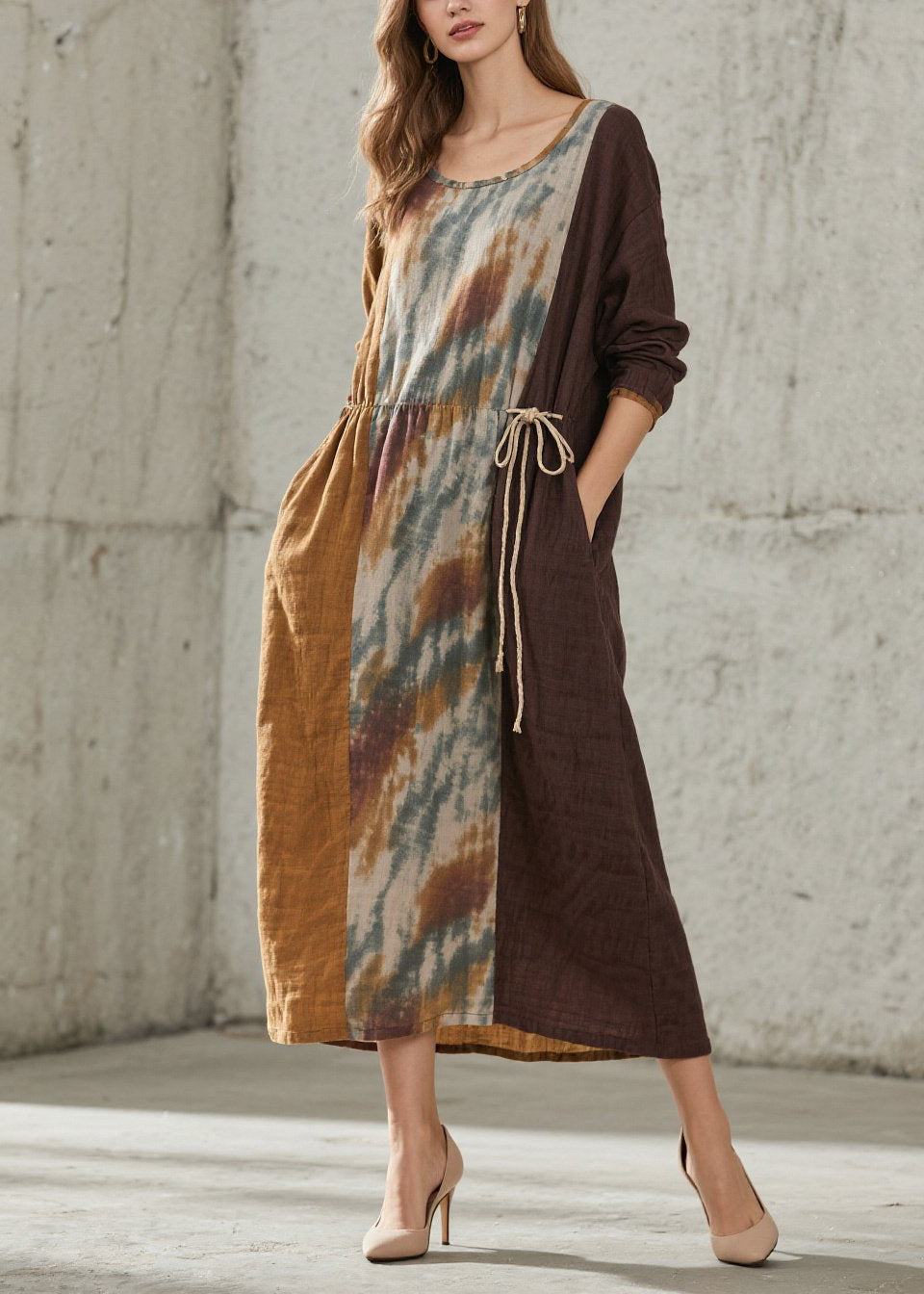 Women O Neck Print Lace Up Cotton Maxi Dresses Fall - View 5