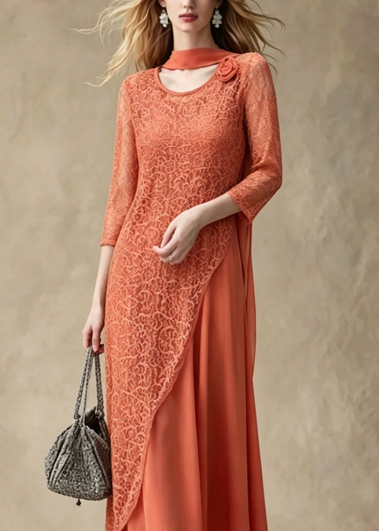 Lace Floral Round Neck Asymmetric Overlay Chiffon Maxi Dress