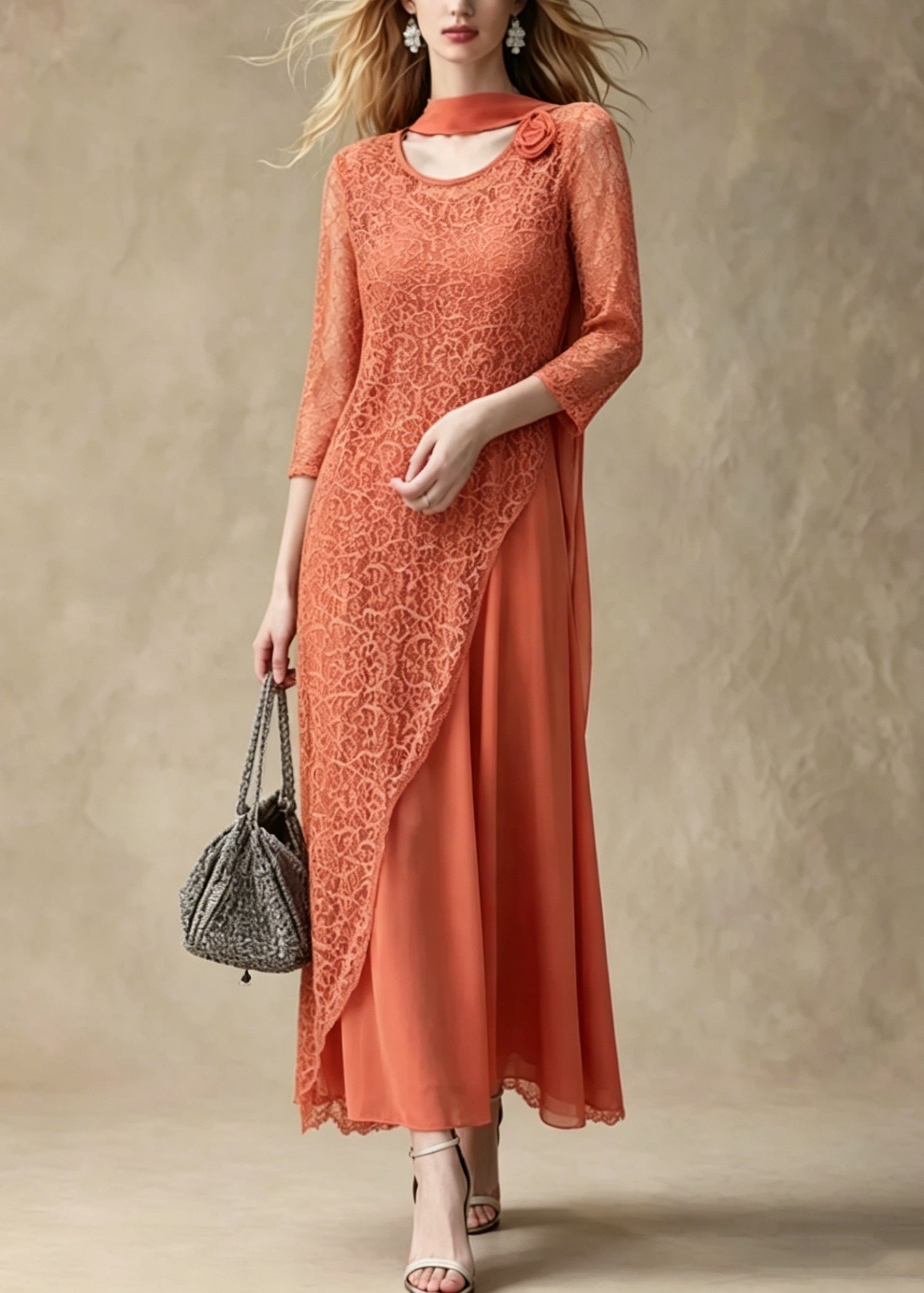 Lace Floral Round Neck Asymmetric Overlay Chiffon Maxi Dress