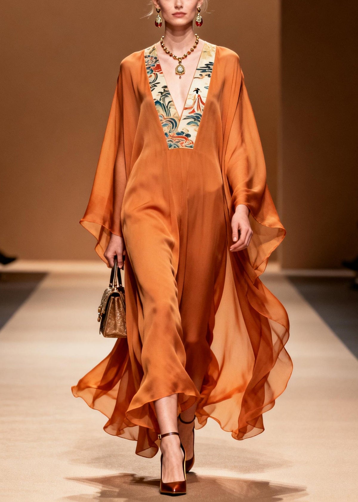 Deep V-Neck Batwing Sleeve Satin Chiffon Kaftan Maxi Dress - View 5