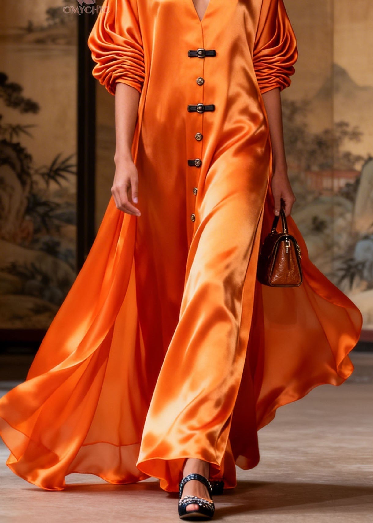 Satin Deep V-Neck Bishop Sleeve Toggle Button High Split Maxi Gown