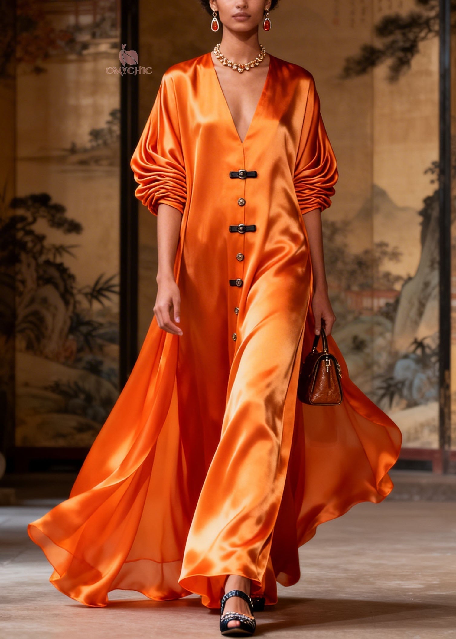 Satin Deep V-Neck Bishop Sleeve Toggle Button High Split Maxi Gown