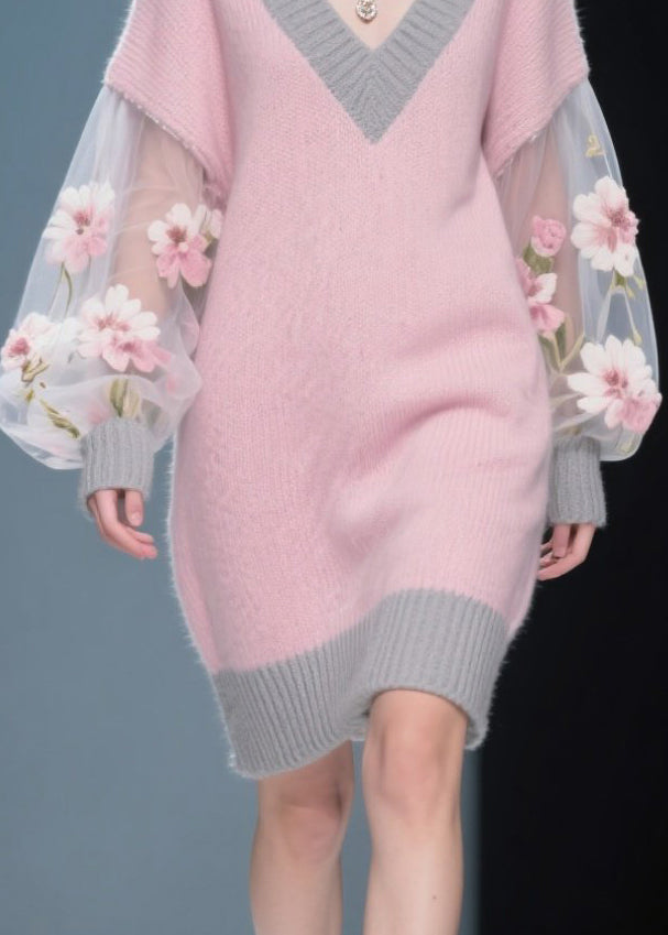 Knit V-Neck Tulle Floral Embroidery Bishop Sleeve Ribbed Trim Mini Sweater Dress