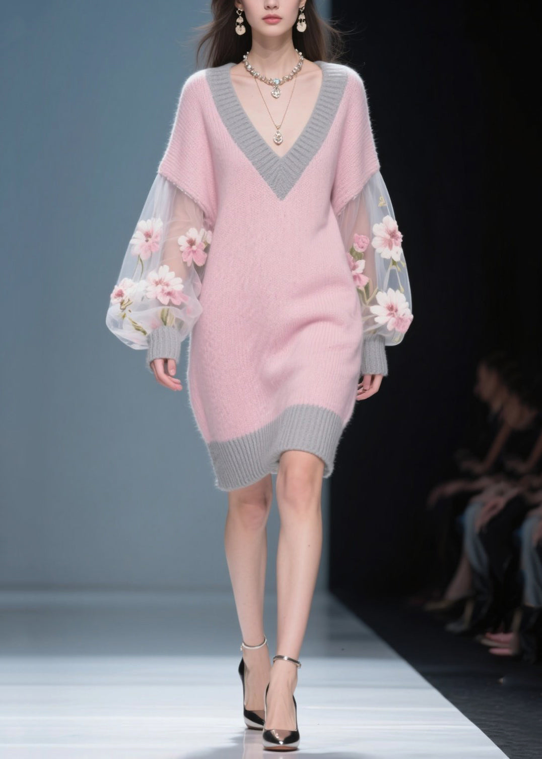 Knit V-Neck Tulle Floral Embroidery Bishop Sleeve Ribbed Trim Mini Sweater Dress