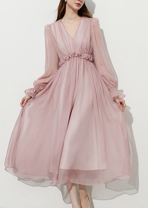V-Neck Long Puff Sleeve Ruffle Empire Waist Chiffon Midi Dress