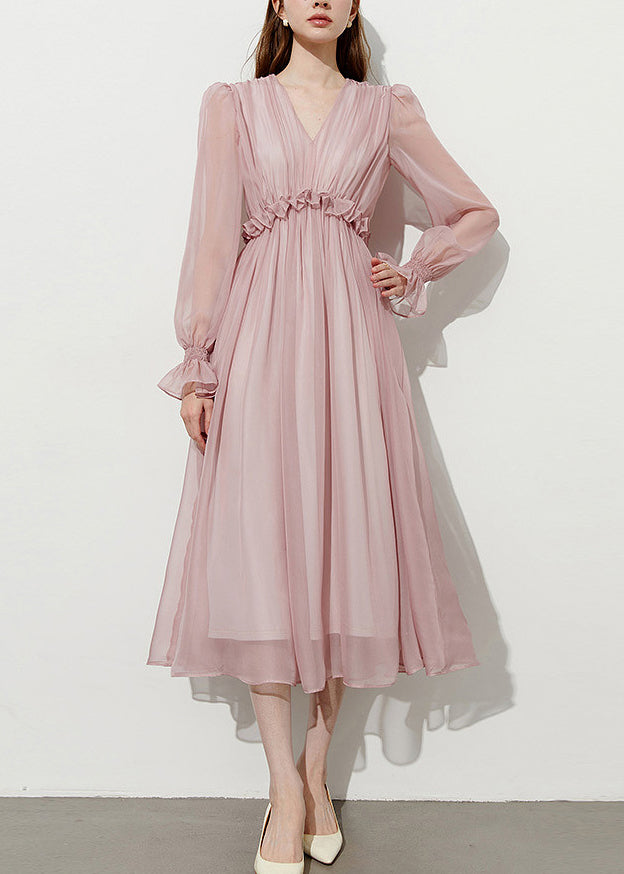 V-Neck Long Puff Sleeve Ruffle Empire Waist Chiffon Midi Dress