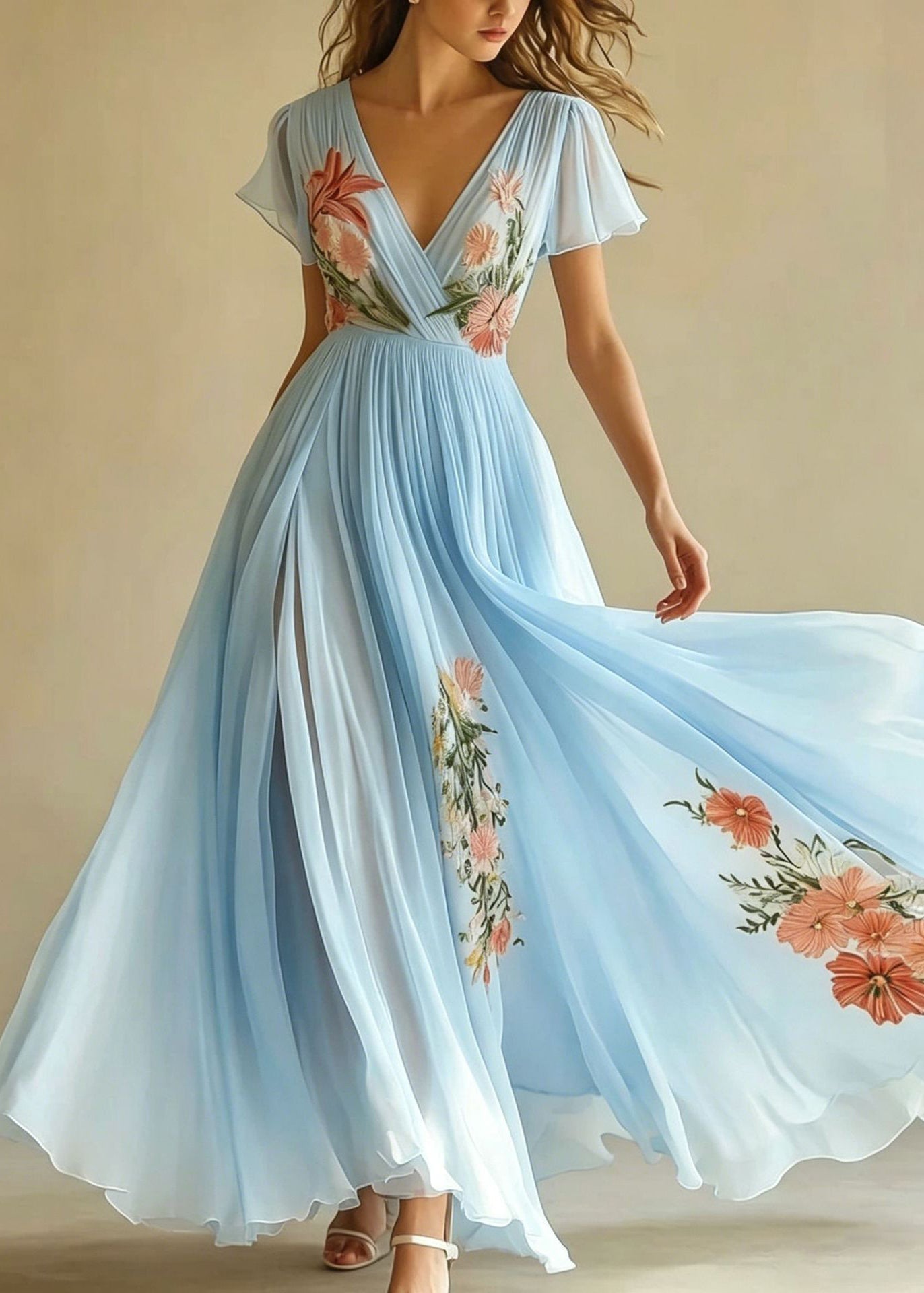 Chiffon Floral Embroidery Deep V-Neck Flutter Sleeve Pleated High Split Maxi Gown