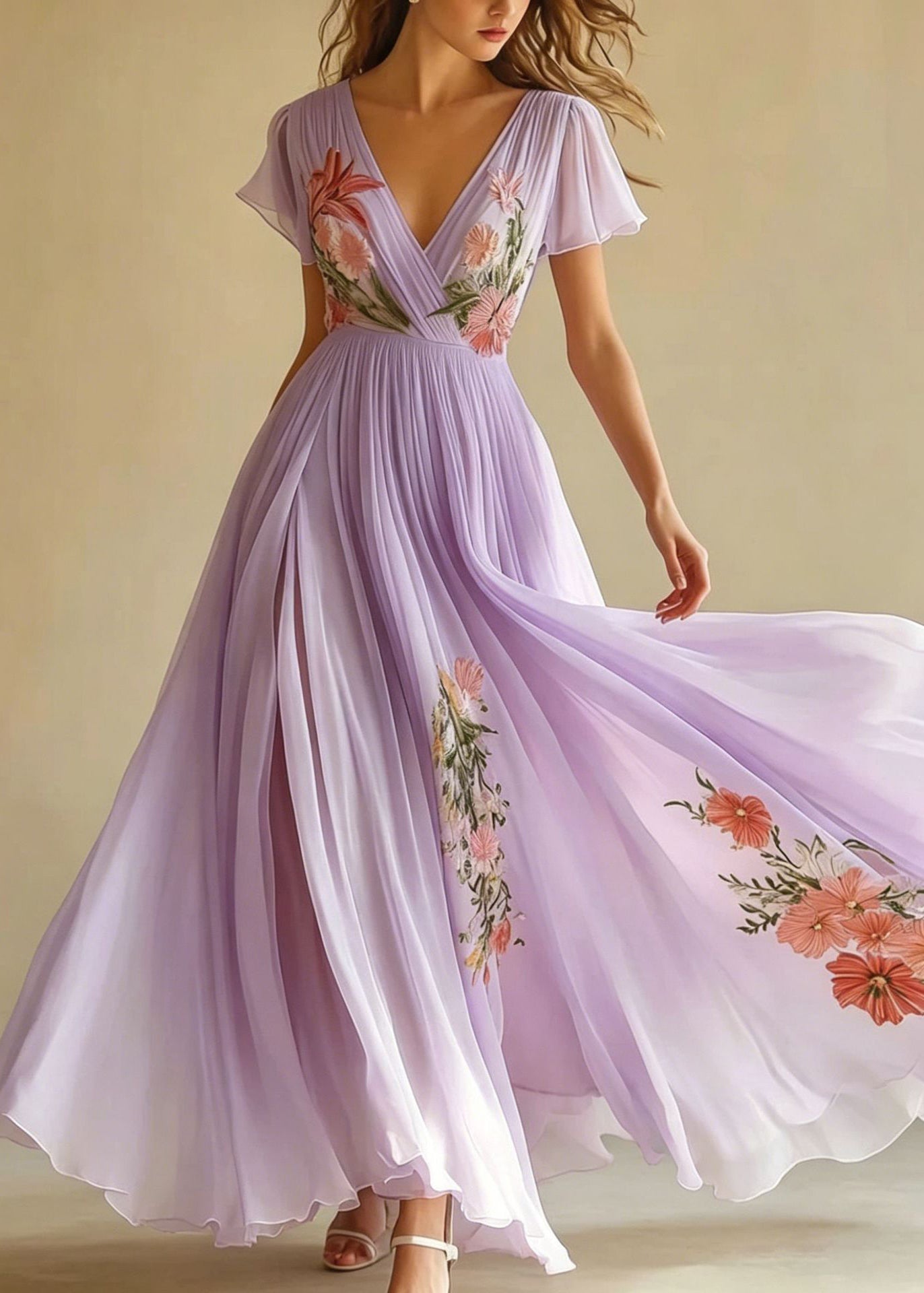 Chiffon Floral Embroidery Deep V-Neck Flutter Sleeve Pleated High Split Maxi Gown