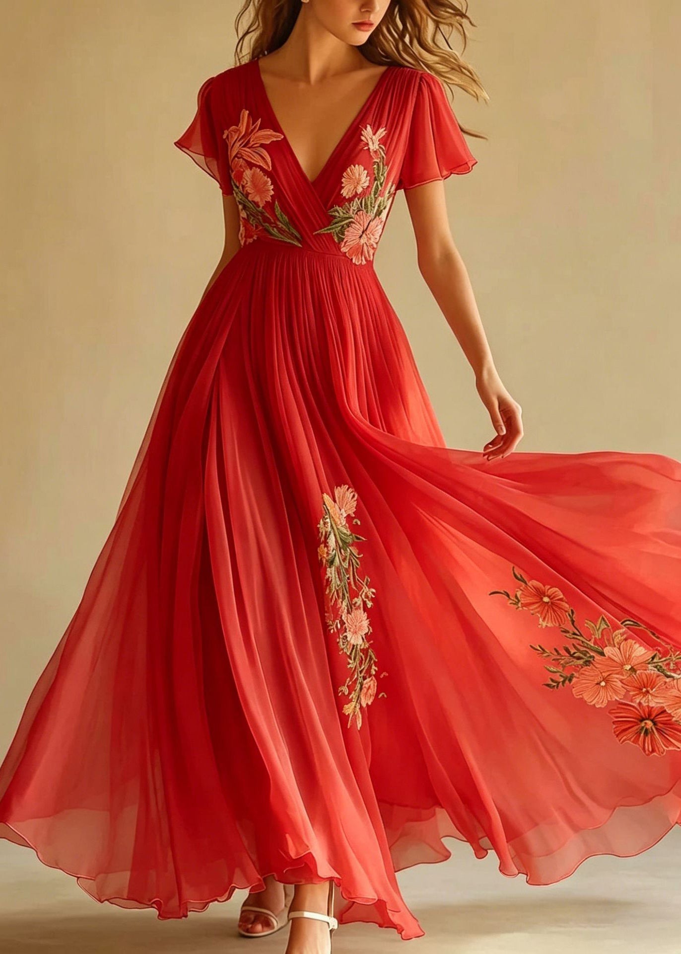 Chiffon Floral Embroidery Deep V-Neck Flutter Sleeve Pleated High Split Maxi Gown