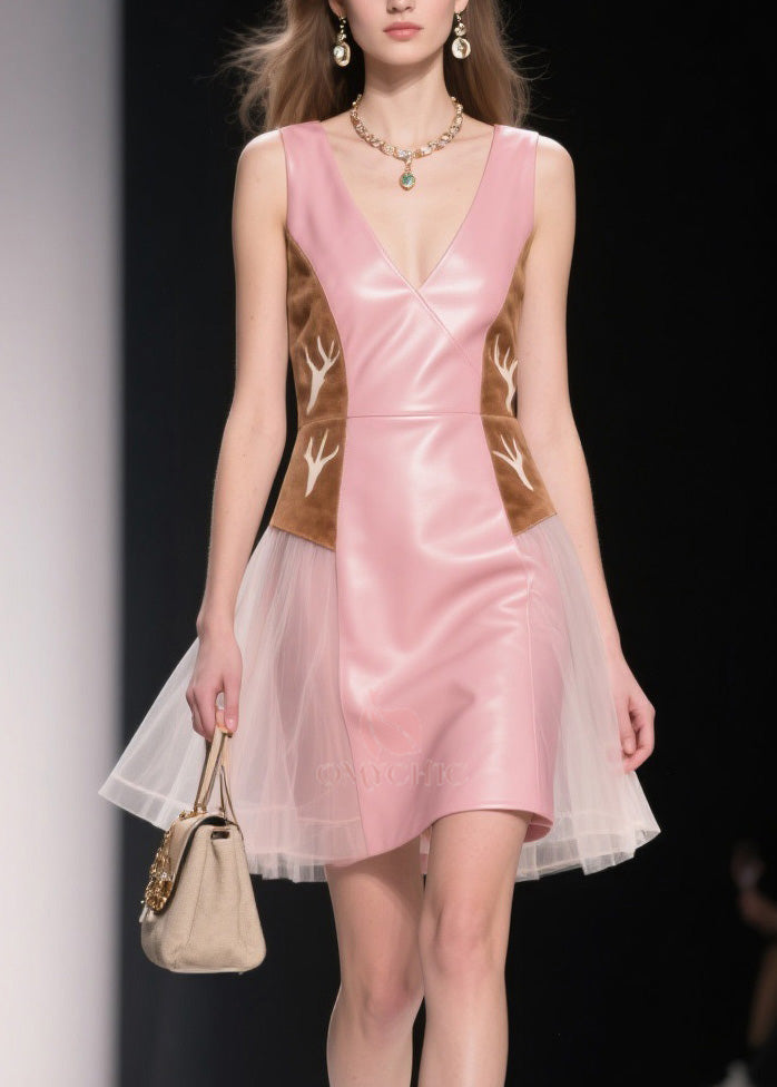 Deep V-Neck Sleeveless Faux Leather Antler Embroidery Tulle Peplum Mini Dress
