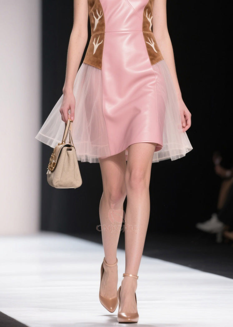 Deep V-Neck Sleeveless Faux Leather Antler Embroidery Tulle Peplum Mini Dress