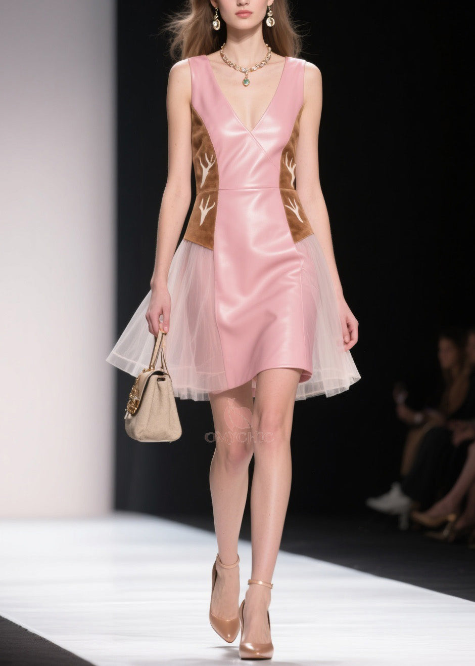 Deep V-Neck Sleeveless Faux Leather Antler Embroidery Tulle Peplum Mini Dress