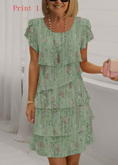 Women Print O Neck Ruffled Patchwork Chiffon Dress Summer