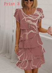 Women Print O Neck Ruffled Patchwork Chiffon Dress Summer 3
