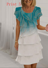 Women Print O Neck Ruffled Patchwork Chiffon Dress Summer 5