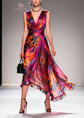 Women Print Ruffled Floral Patchwork Chiffon Dresses Sleeveless