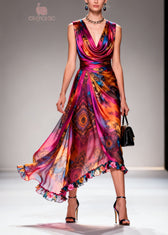 Women Print Ruffled Floral Patchwork Chiffon Dresses Sleeveless 3