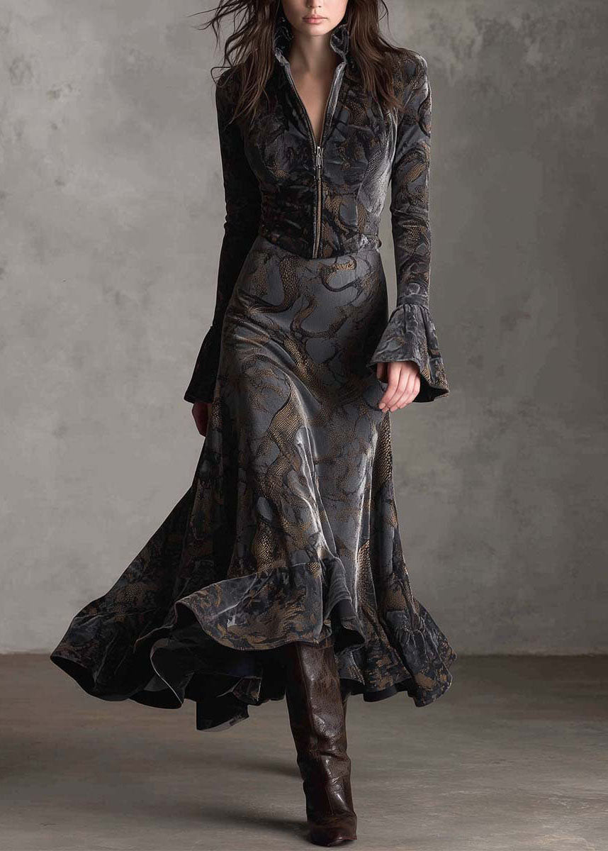 Women Print Zip Up Ruffled Patchwork Velvet Long Dresses Fall
