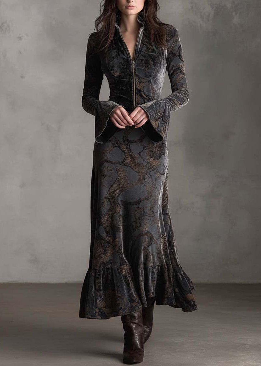 Women Print Zip Up Ruffled Patchwork Velvet Long Dresses Fall 2