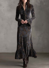 Women Print Zip Up Ruffled Patchwork Velvet Long Dresses Fall 2