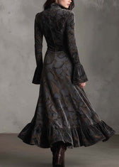 Women Print Zip Up Ruffled Patchwork Velvet Long Dresses Fall 4