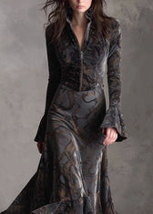 Women Print Zip Up Ruffled Patchwork Velvet Long Dresses Fall 5