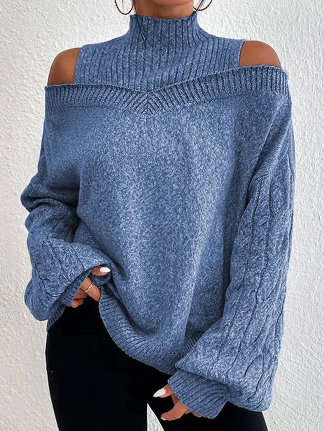Mock Neck Cold Shoulder Cable Knit Sleeve Loose Sweater 9