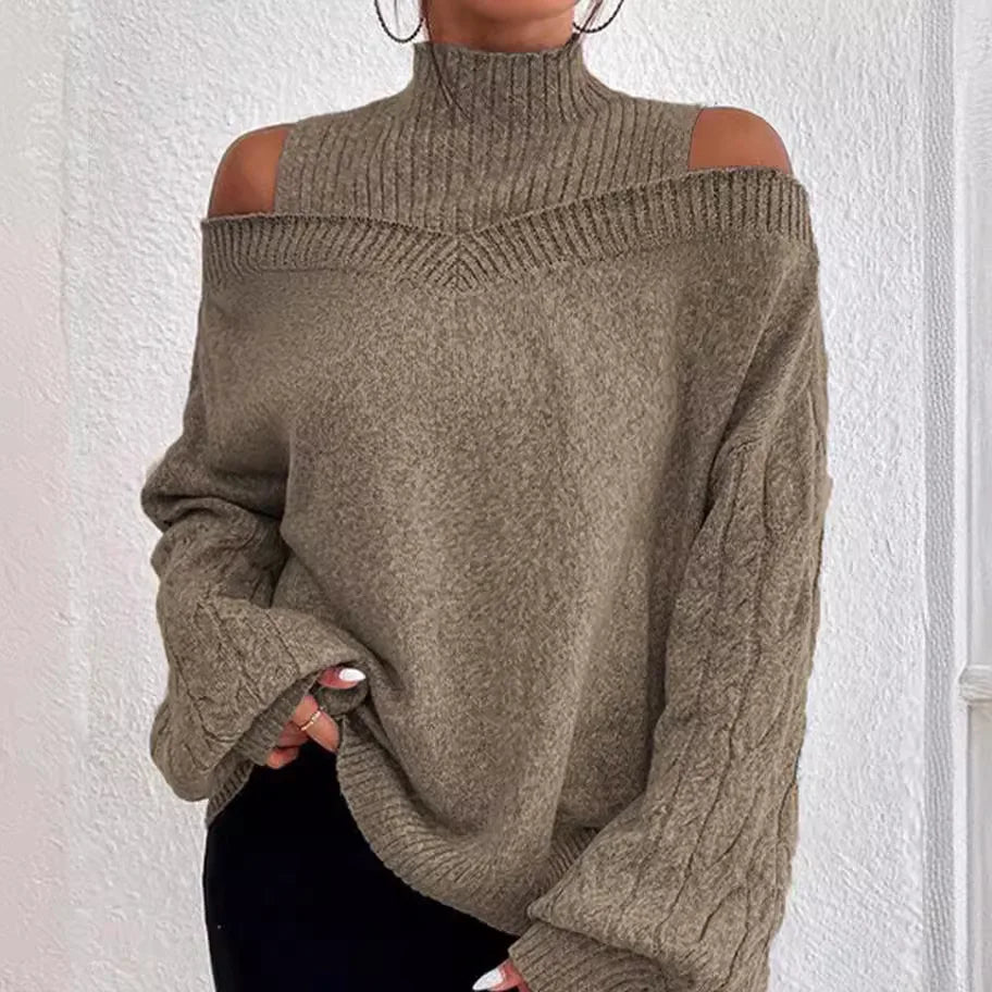 Mock Neck Cold Shoulder Cable Knit Sleeve Loose Sweater 3