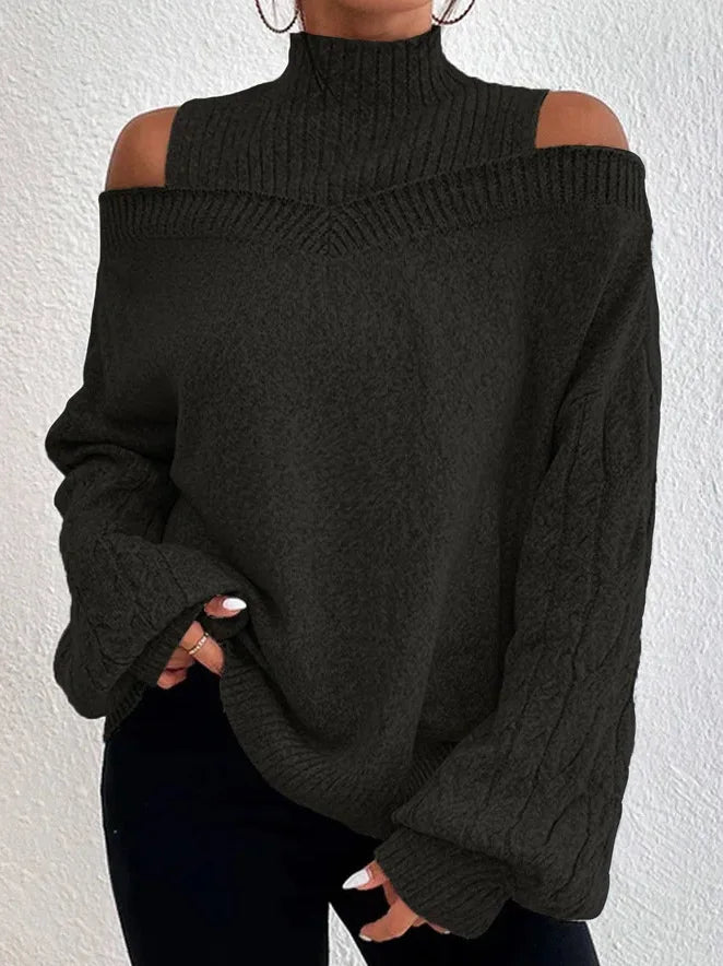 Mock Neck Cold Shoulder Cable Knit Sleeve Loose Sweater 7