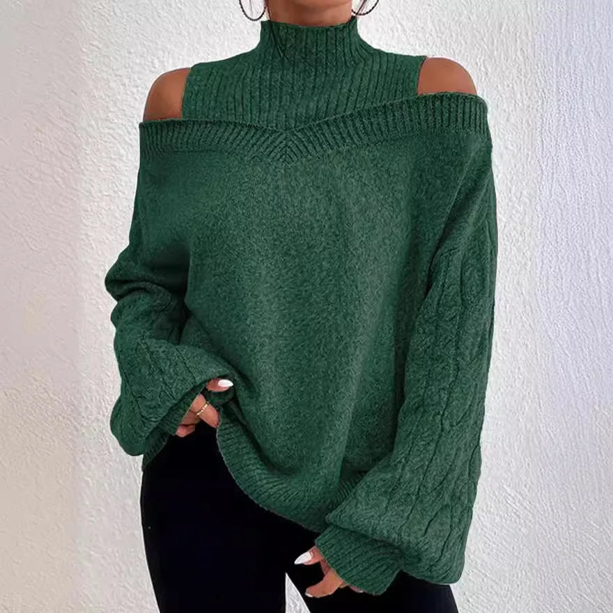 Mock Neck Cold Shoulder Cable Knit Sleeve Loose Sweater 4