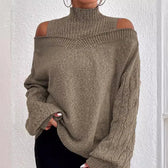 Off Shoulder Semi High Neck Knit Sweater