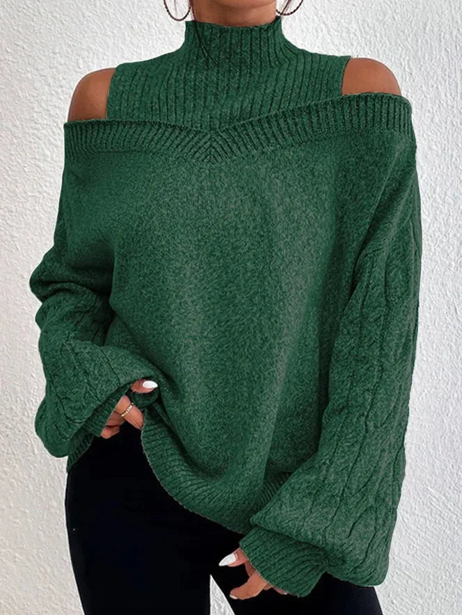 Mock Neck Cold Shoulder Cable Knit Sleeve Loose Sweater 10