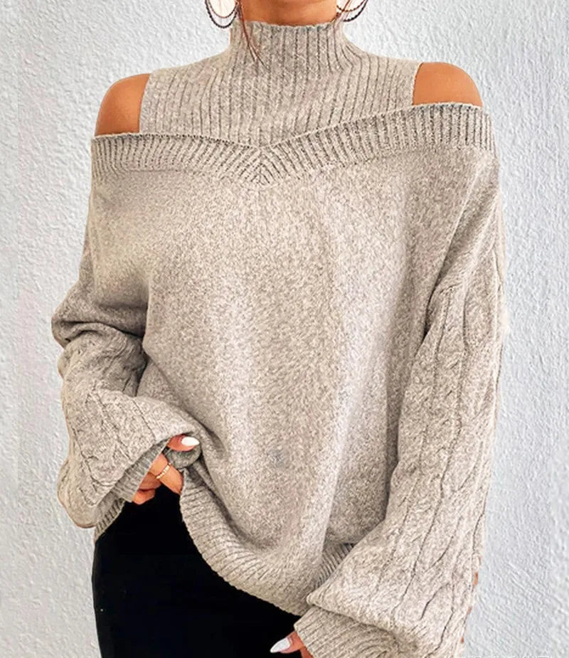 Mock Neck Cold Shoulder Cable Knit Sleeve Loose Sweater 12