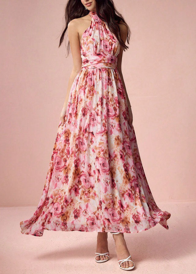 Halter Neck Pleated Cinched Waist A-Line Maxi Dress