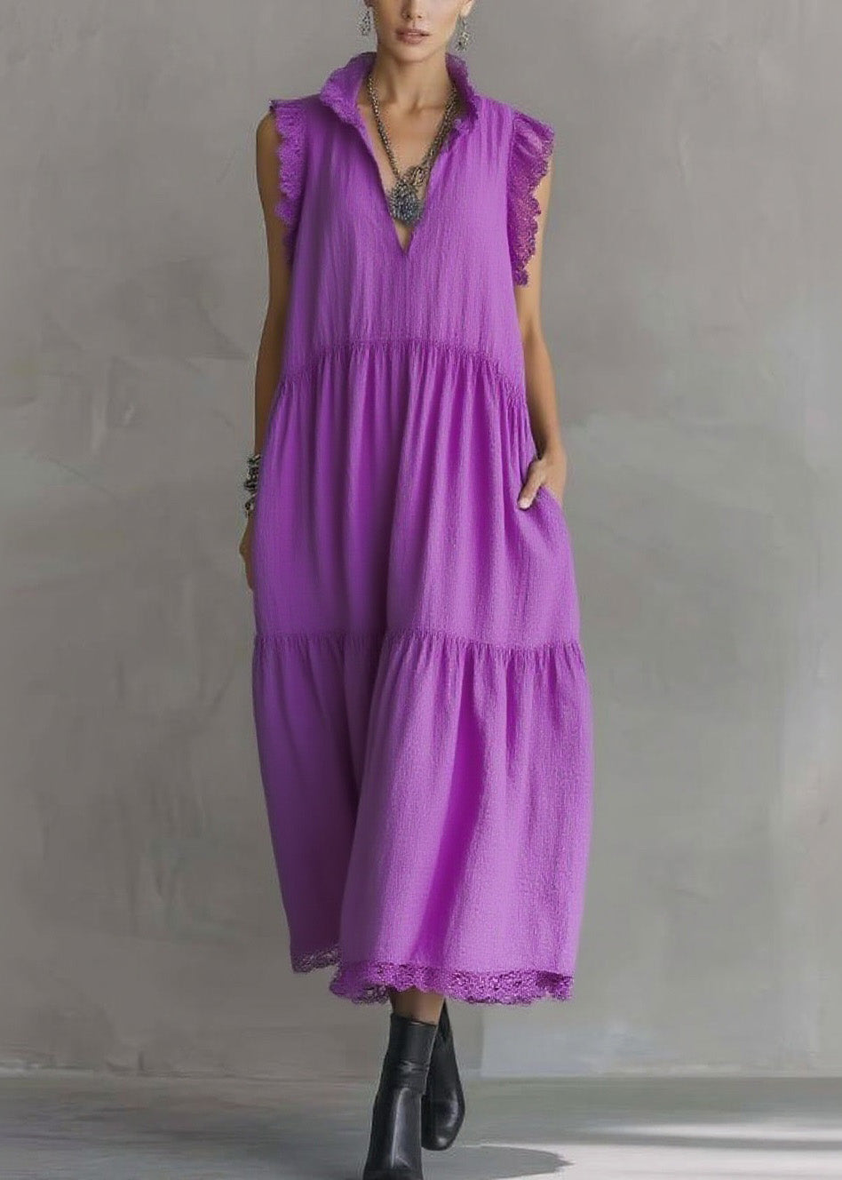 Women Purple Ruffled Lace Patchwork Cotton Dresses Sleeveless