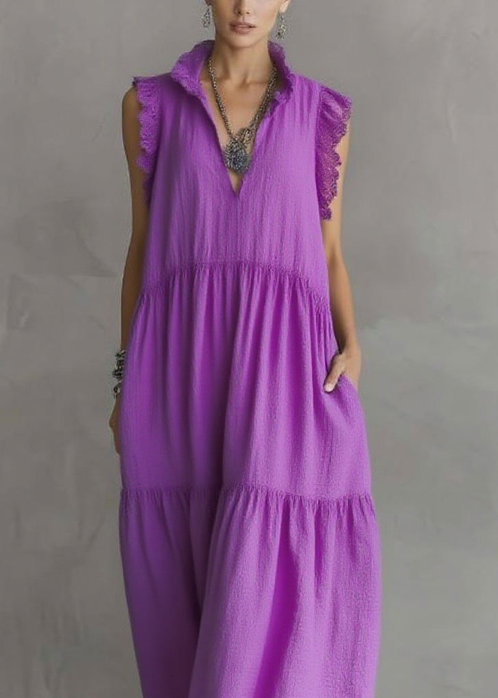Women Purple Ruffled Lace Patchwork Cotton Dresses Sleeveless 2
