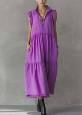 Women Purple Ruffled Lace Patchwork Cotton Dresses Sleeveless 3
