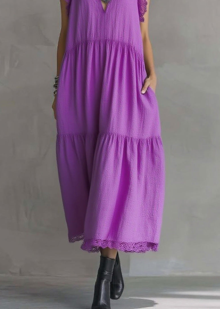 Women Purple Ruffled Lace Patchwork Cotton Dresses Sleeveless 4