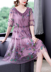 Women Purple Ruffled Tulle Patchwork Chiffon A Line Dress Half Sleeve 2