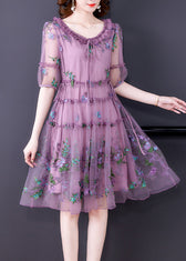 Women Purple Ruffled Tulle Patchwork Chiffon A Line Dress Half Sleeve 3