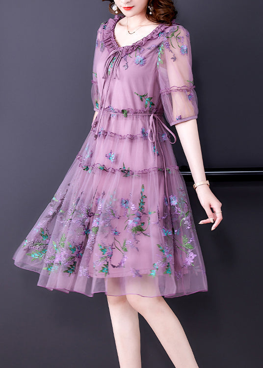 Women Purple Ruffled Tulle Patchwork Chiffon A Line Dress Half Sleeve 4