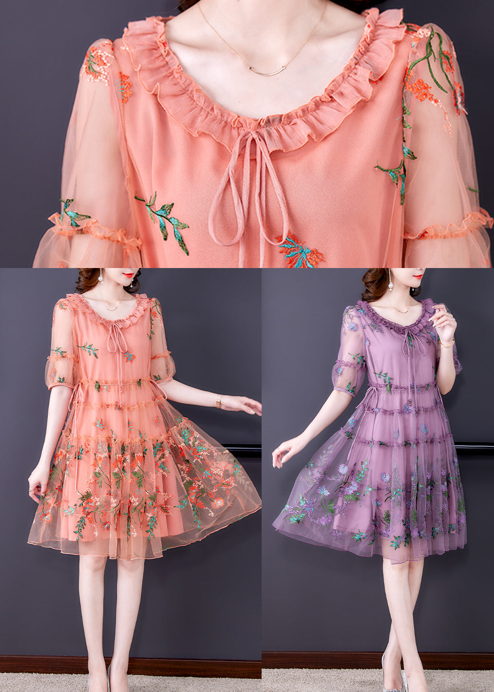 Women Purple Ruffled Tulle Patchwork Chiffon A Line Dress Half Sleeve 5