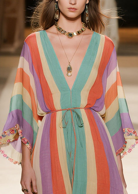 Chiffon Deep V-Neck Kimono Sleeve Floral Trim High Low Midi Dress - View 2