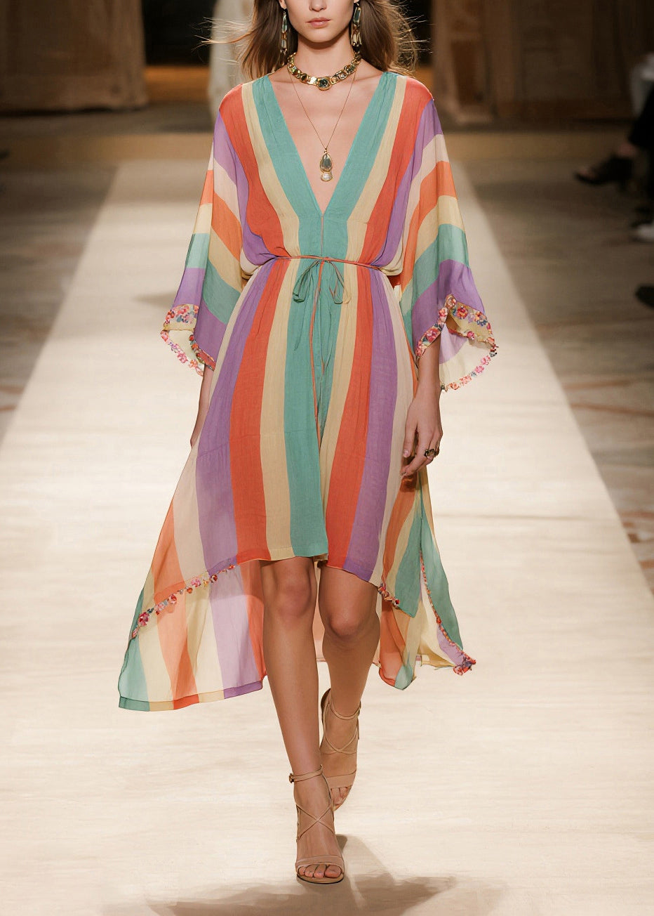 Chiffon Deep V-Neck Kimono Sleeve Floral Trim High Low Midi Dress - View 3