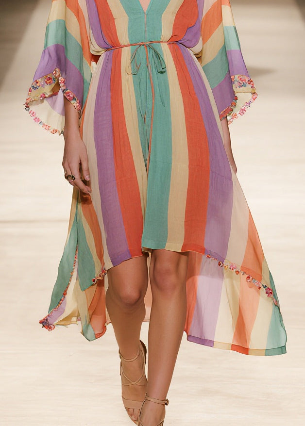 Chiffon Deep V-Neck Kimono Sleeve Floral Trim High Low Midi Dress - View 4