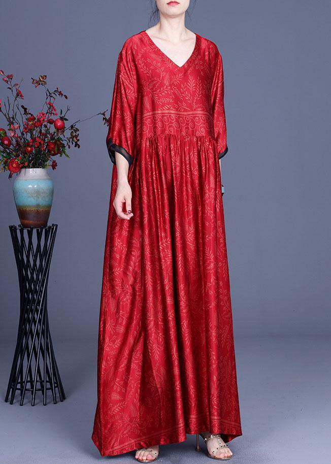 V-Neck Three Quarter Sleeve Contrast Cuff Empire Waist Gathered Maxi Dress