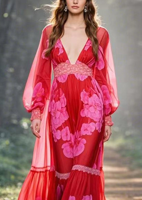 Floral Print Deep V-Neck Long Puff Sleeve Lace Trim Tiered Maxi Gown
