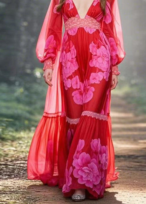 Floral Print Deep V-Neck Long Puff Sleeve Lace Trim Tiered Maxi Gown