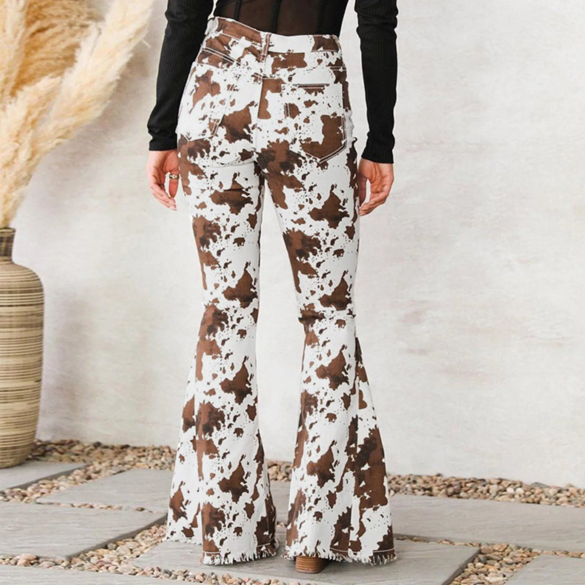 Cow Print High Waist Frayed Hem Bell Bottom Flare Jeans 2